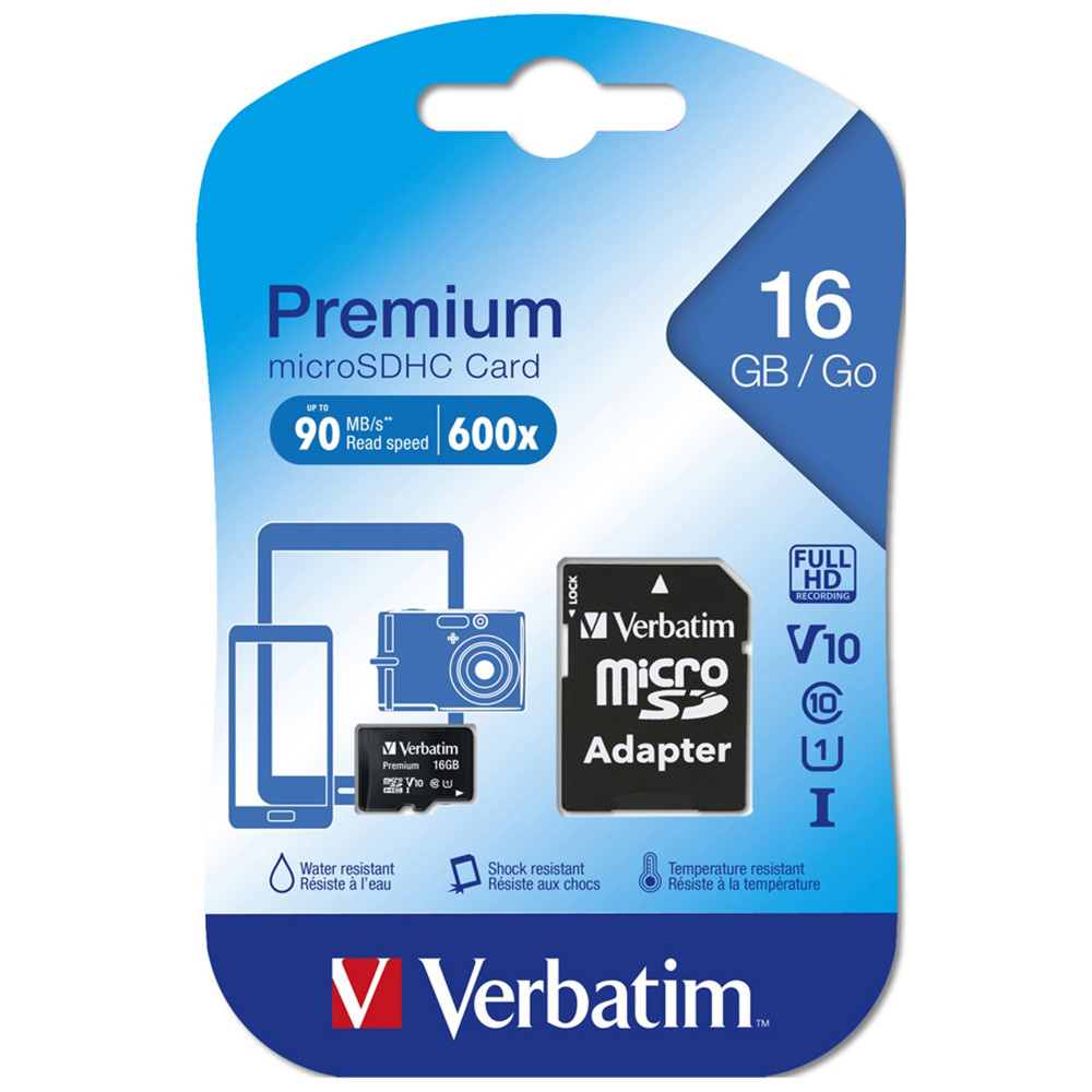 Verbatim Premium Micro SDHC Memory Card With Adapter Class 16GB Black