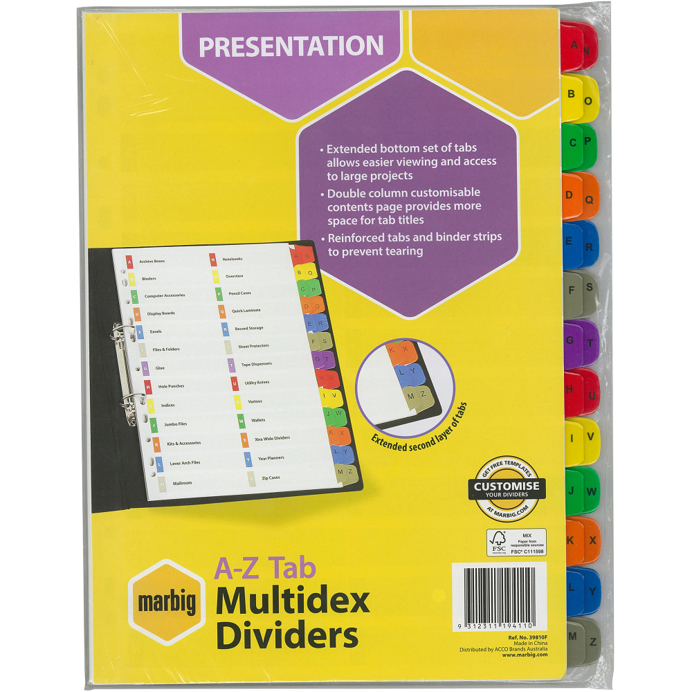Marbig Presentation Indices & Dividers A4 Multidex A-Z Tab Multi Colour