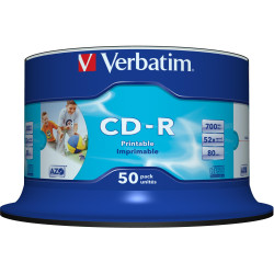 Verbatim Recordable CD-R 80Min 700MB 52X Printable Inkjet Pack of 50 White
