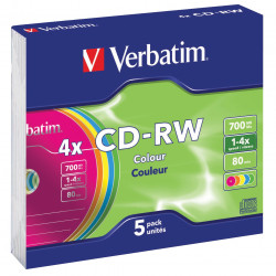 Verbatim Recordable CD-RW 80Min 700MB 2-4X Slim Case Assorted Colours Pack of 5