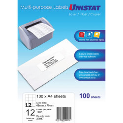 Unistat Laser Copier & Inkjet Labels 68x70mm 12UP 1200 Labels 100 Sheets