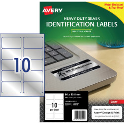 Avery Heavy Duty Laser Labels Silver L6012 96x50.8mm 10UP 200 Labels 20 Sheets