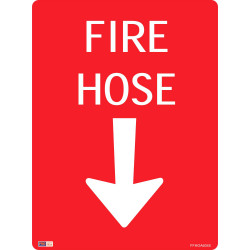 Zions Fire Sign Fire Hose with Arrow Down 450x600mm Metal