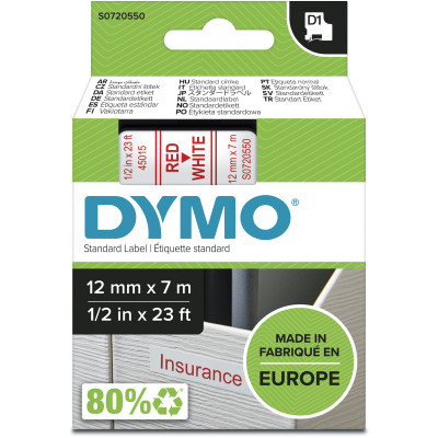 Dymo D1 Label Cassette Tape 12mmx7m Red on White