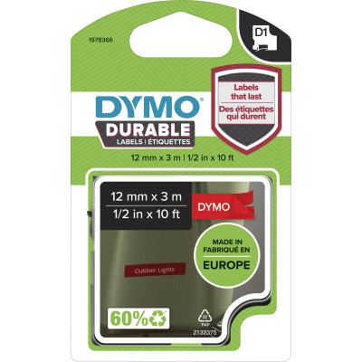 Dymo D1 Label Cassette Tape Durable 12mm x 3m White on Red